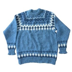70s Norlender Fair Isle Wool Sweater Norway Chunky Knit Large Blue cream Graphic